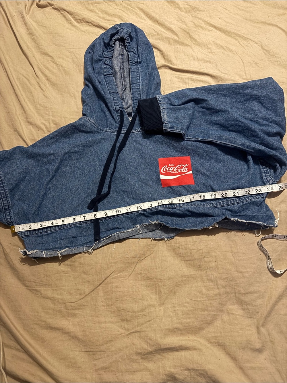 Coca-Cola By Spirit Jersey Denim Cropped Pull Over Hoodie Raw Hem Size S - Picture 8 of 10